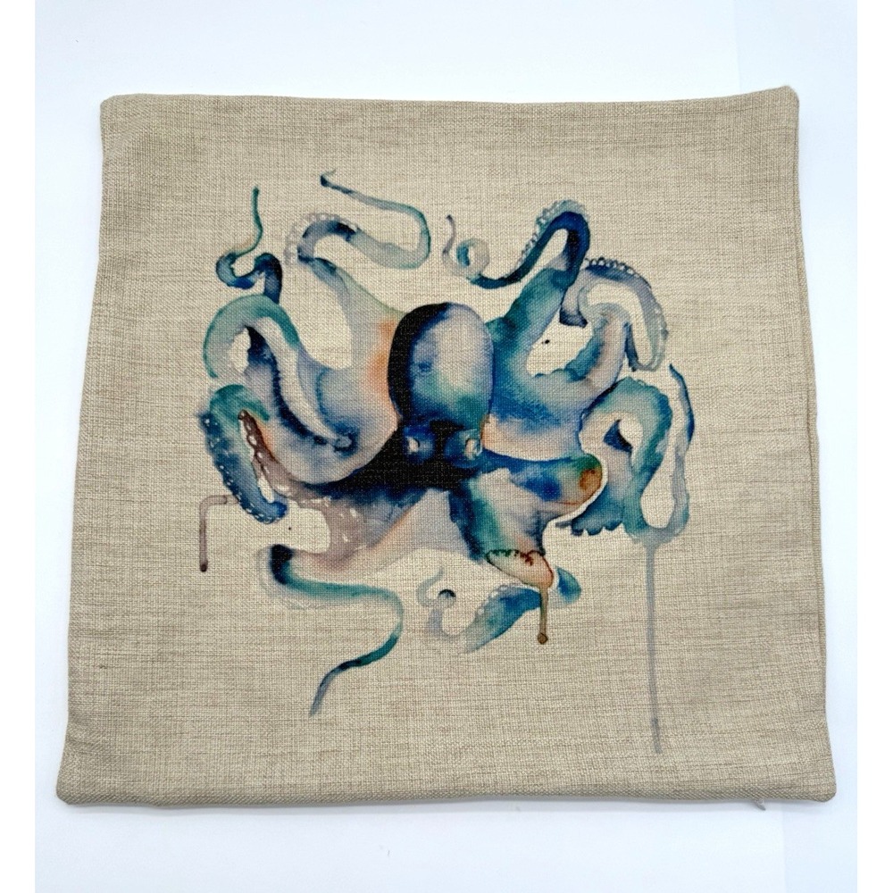 Standard Pillow Sham Beige/Blue Octopus Animal Print Zip Closure 17"x17"